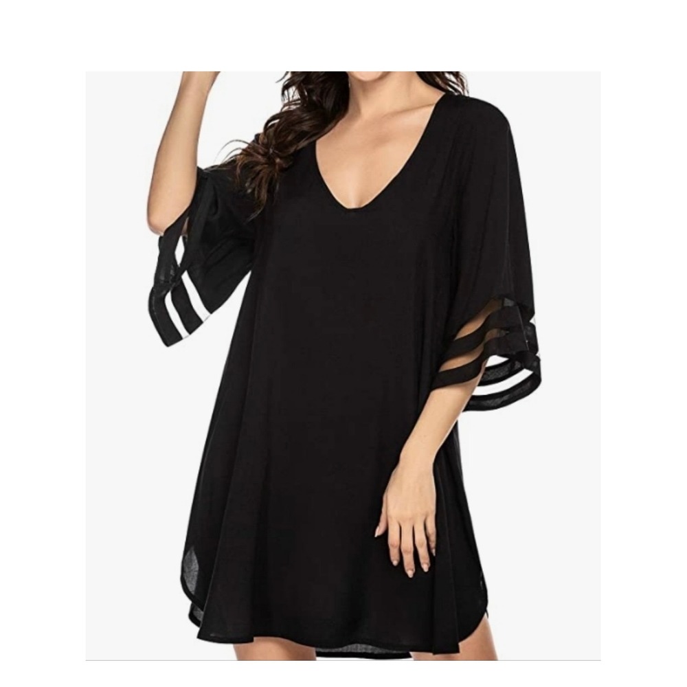 Ekouaer Black Swim Cover Up Dress XL Sheer Sleeve Beach Kaftan